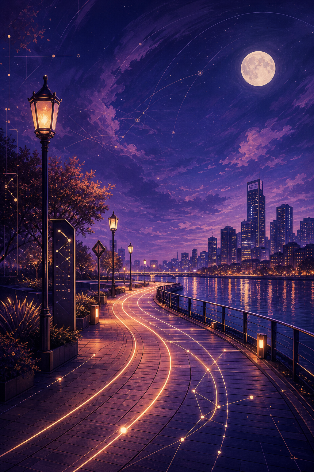 A luminous city route imagined as a LOVe Lab date-night path